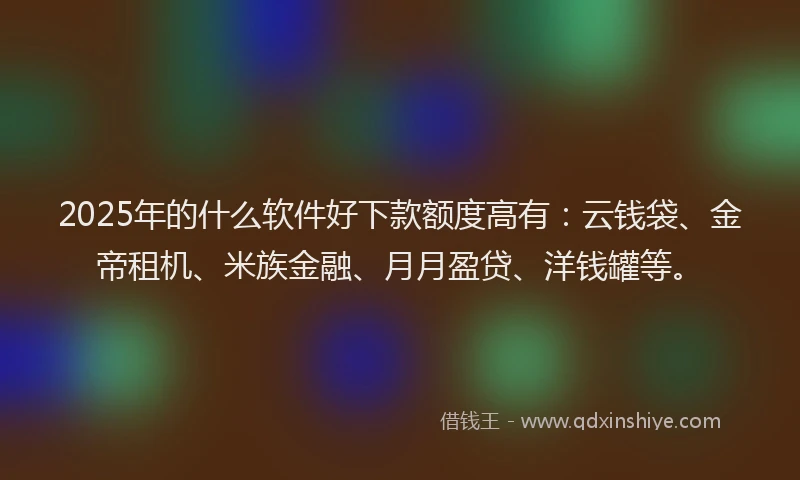 2025年的什么软件好下款额度高有：云钱袋、金帝租机、米族金融、月月盈贷、洋钱罐等。