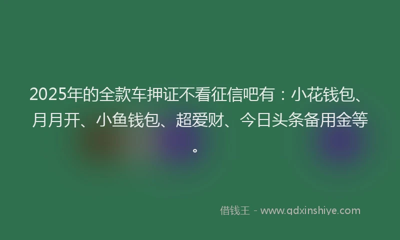 2025年的全款车押证不看征信吧有：小花钱包、月月开、小鱼钱包、超爱财、今日头条备用金等。