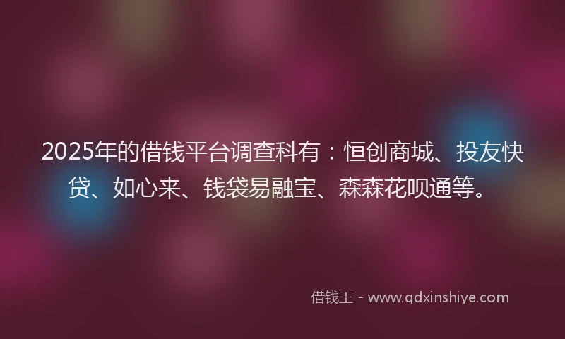 2025年的借钱平台调查科有：恒创商城、投友快贷、如心来、钱袋易融宝、森森花呗通等。