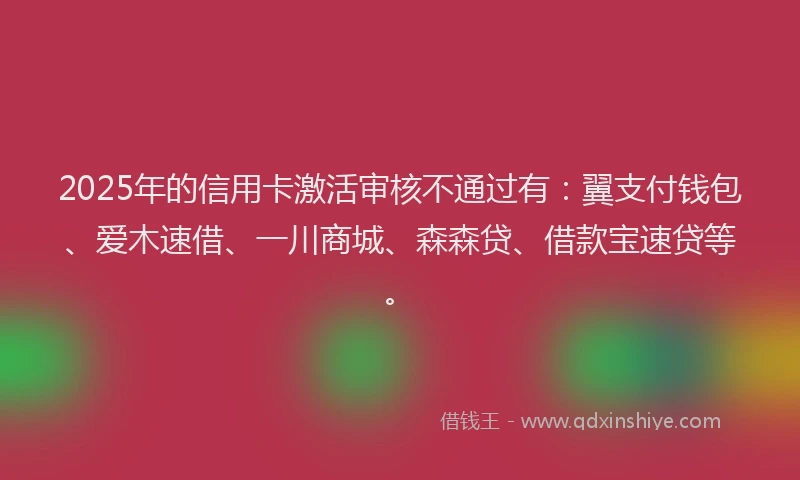 2025年的信用卡激活审核不通过有：翼支付钱包、爱木速借、一川商城、森森贷、借款宝速贷等。