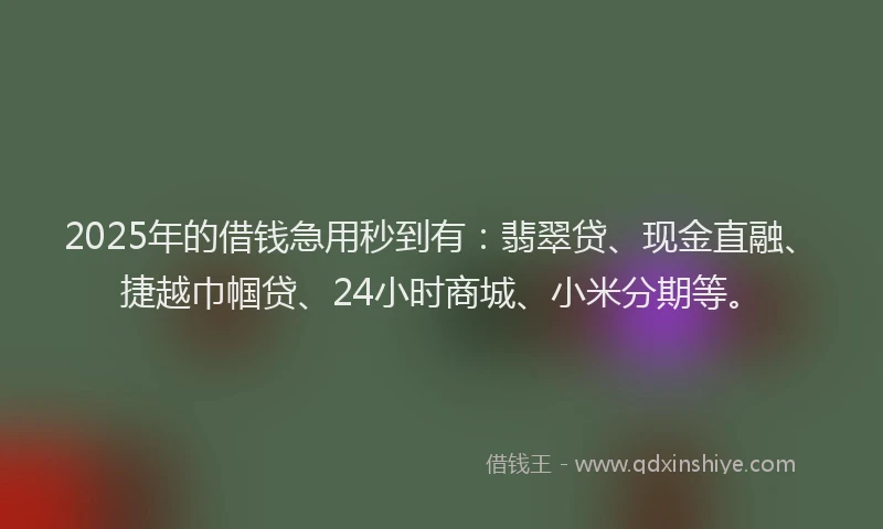2025年的借钱急用秒到有：翡翠贷、现金直融、捷越巾帼贷、24小时商城、小米分期等。