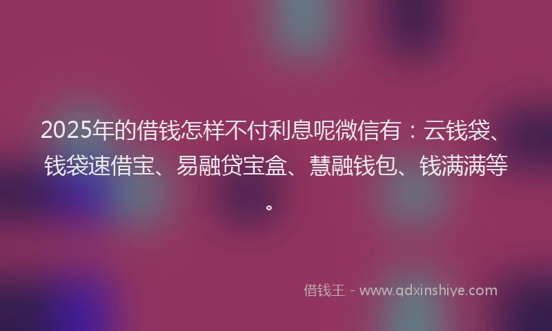 2025年的借钱怎样不付利息呢微信有：云钱袋、钱袋速借宝、易融贷宝盒、慧融钱包、钱满满等。