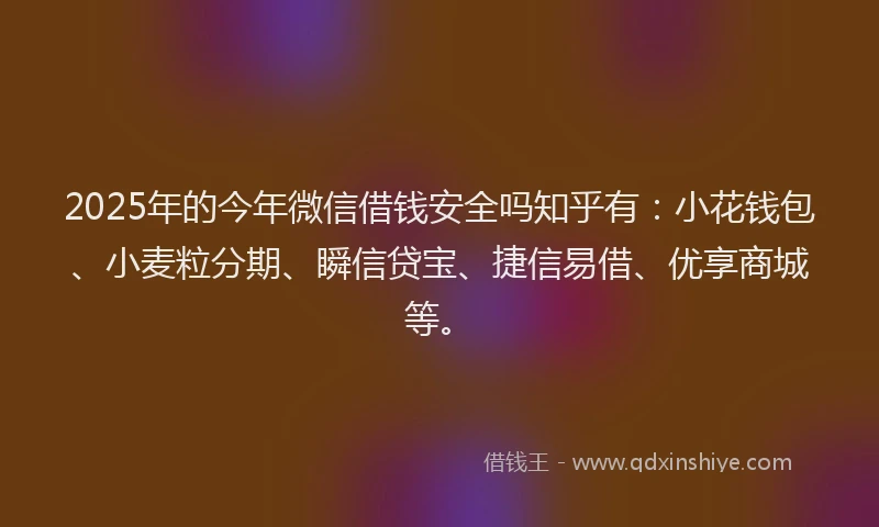 2025年的今年微信借钱安全吗知乎有：小花钱包、小麦粒分期、瞬信贷宝、捷信易借、优享商城等。