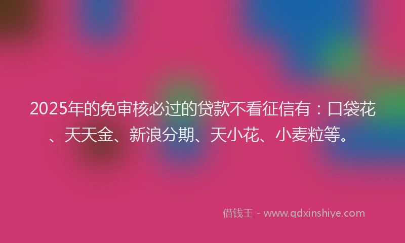 2025年的免审核必过的贷款不看征信有：口袋花、天天金、新浪分期、天小花、小麦粒等。