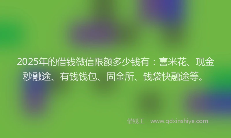 2025年的借钱微信限额多少钱有：喜米花、现金秒融途、有钱钱包、固金所、钱袋快融途等。