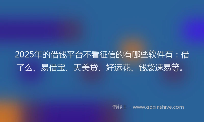 2025年的借钱平台不看征信的有哪些软件有：借了么、易借宝、天美贷、好运花、钱袋速易等。
