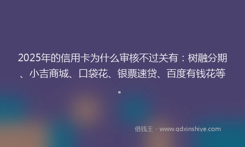 2025年的信用卡为什么审核不过关有：树融分期、小吉商城、口袋花、银票速贷、百度有钱花等。