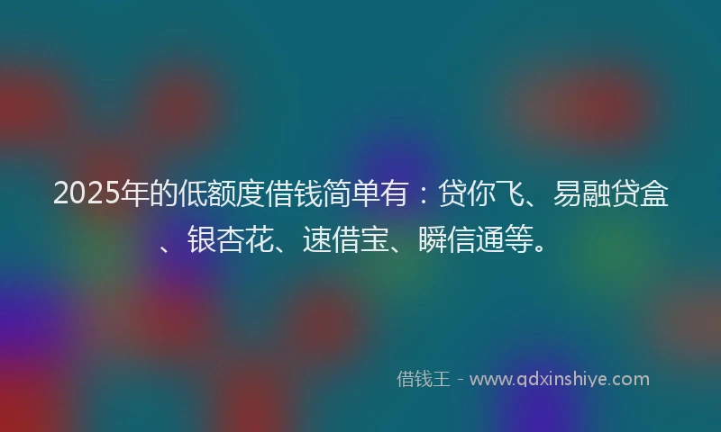 2025年的低额度借钱简单有：贷你飞、易融贷盒、银杏花、速借宝、瞬信通等。