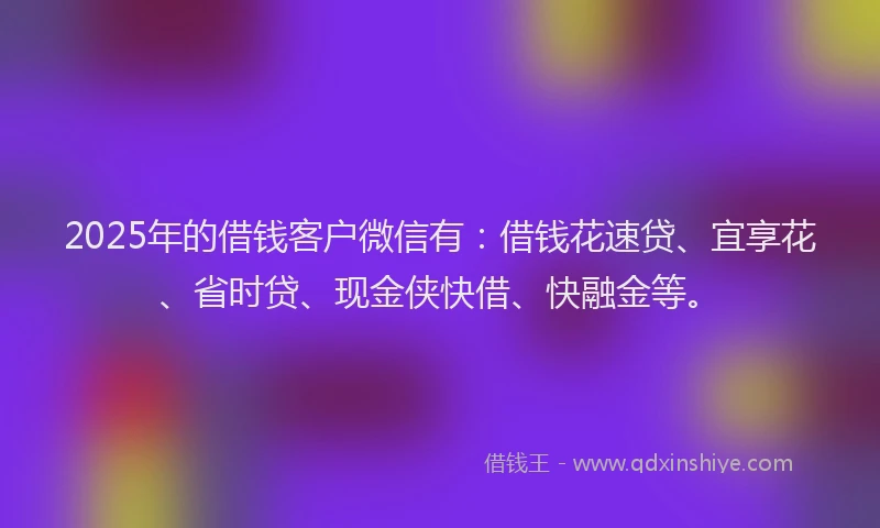 2025年的借钱客户微信有：借钱花速贷、宜享花、省时贷、现金侠快借、快融金等。