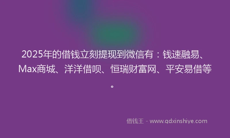 2025年的借钱立刻提现到微信有：钱速融易、Max商城、洋洋借呗、恒瑞财富网、平安易借等。
