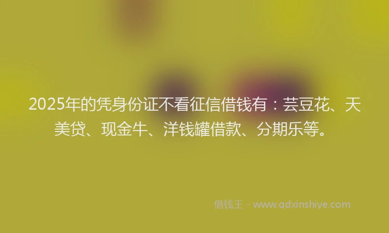 2025年的凭身份证不看征信借钱有：芸豆花、天美贷、现金牛、洋钱罐借款、分期乐等。