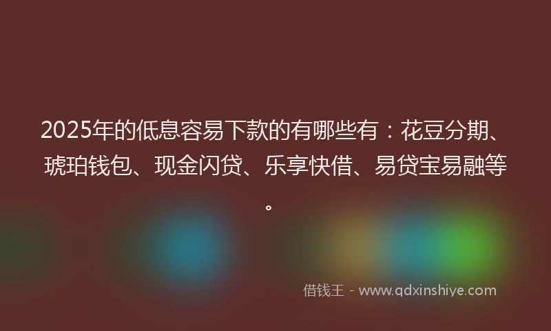 2025年的低息容易下款的有哪些有：花豆分期、琥珀钱包、现金闪贷、乐享快借、易贷宝易融等。