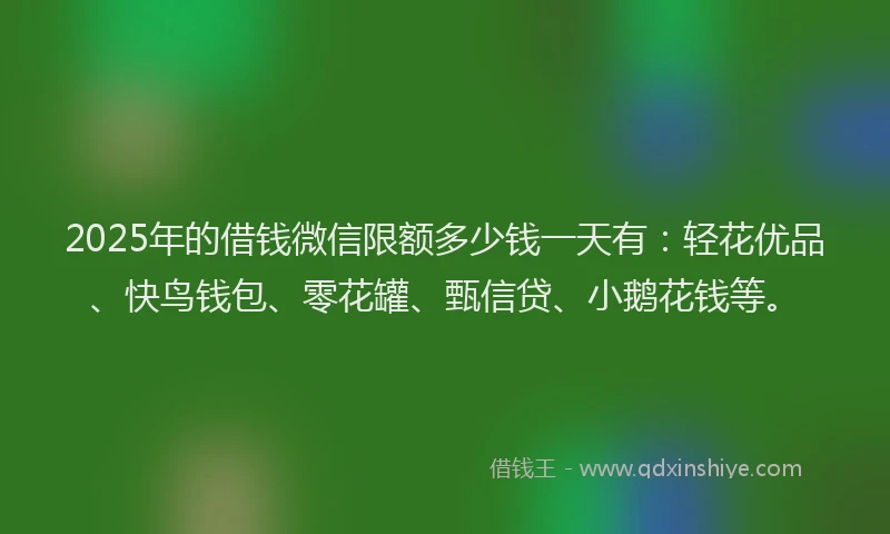 2025年的借钱微信限额多少钱一天有：轻花优品、快鸟钱包、零花罐、甄信贷、小鹅花钱等。