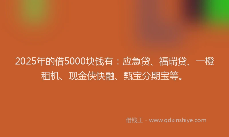 2025年的借5000块钱有：应急贷、福瑞贷、一橙租机、现金侠快融、甄宝分期宝等。