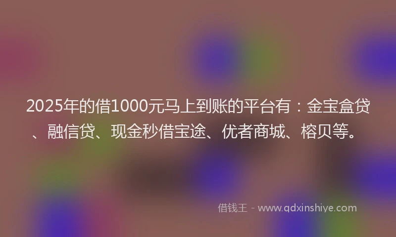 2025年的借1000元马上到账的平台有：金宝盒贷、融信贷、现金秒借宝途、优者商城、榕贝等。