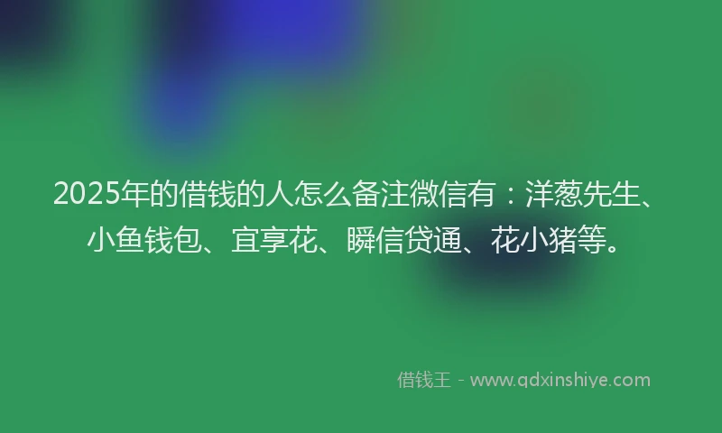 2025年的借钱的人怎么备注微信有：洋葱先生、小鱼钱包、宜享花、瞬信贷通、花小猪等。