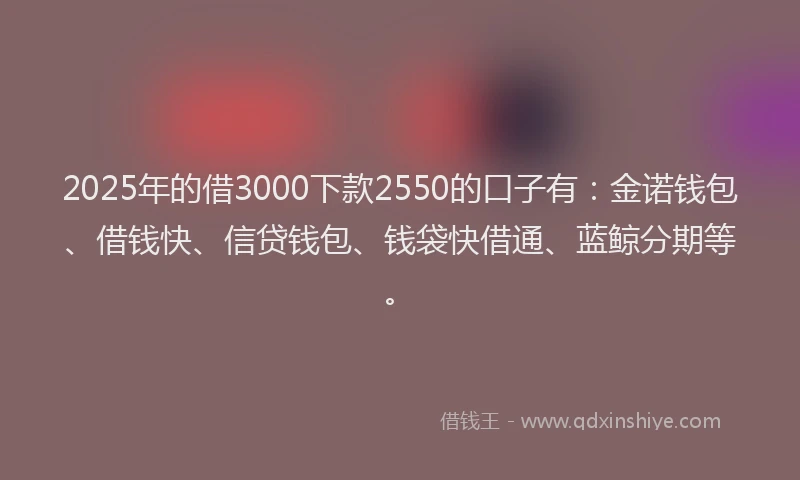 2025年的借3000下款2550的口子有：金诺钱包、借钱快、信贷钱包、钱袋快借通、蓝鲸分期等。