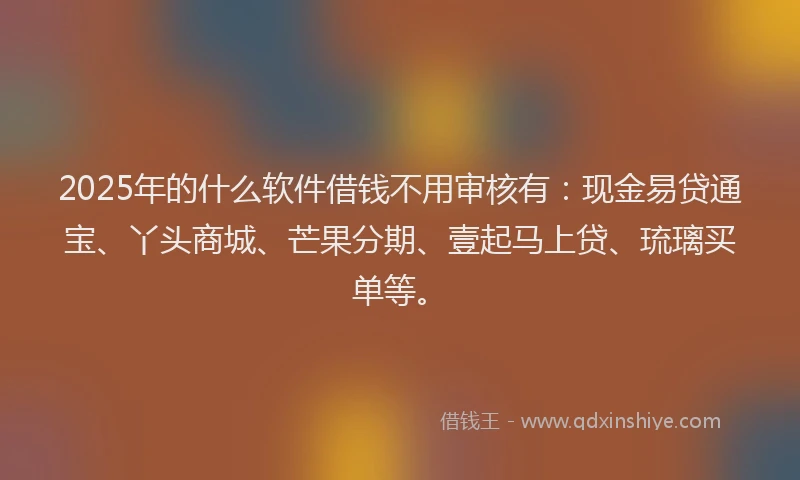 2025年的什么软件借钱不用审核有：现金易贷通宝、丫头商城、芒果分期、壹起马上贷、琉璃买单等。