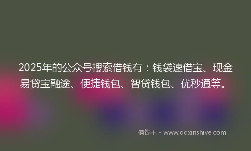 2025年的公众号搜索借钱有：钱袋速借宝、现金易贷宝融途、便捷钱包、智贷钱包、优秒通等。
