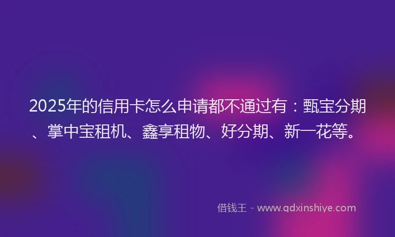 2025年的信用卡怎么申请都不通过有：甄宝分期、掌中宝租机、鑫享租物、好分期、新一花等。