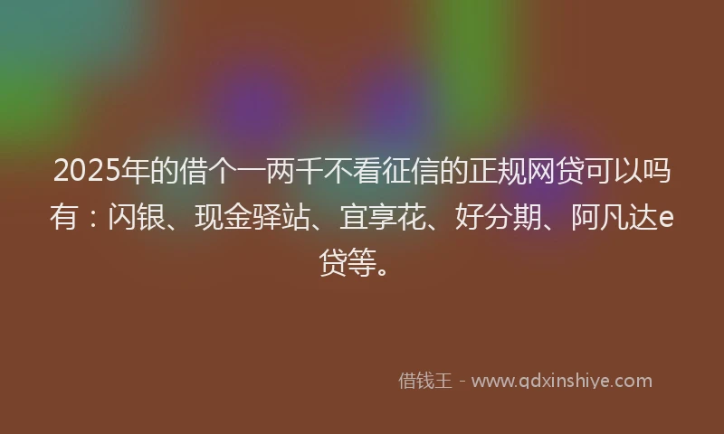 2025年的借个一两千不看征信的正规网贷可以吗有：闪银、现金驿站、宜享花、好分期、阿凡达e贷等。
