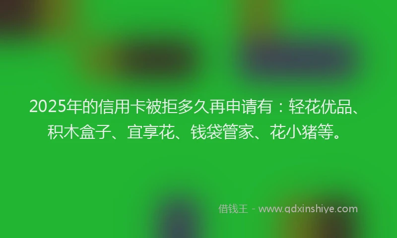 2025年的信用卡被拒多久再申请有：轻花优品、积木盒子、宜享花、钱袋管家、花小猪等。