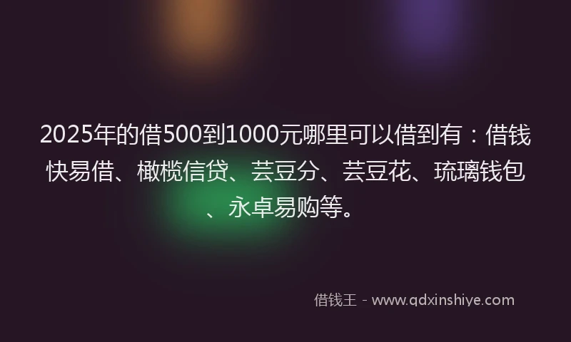 2025年的借500到1000元哪里可以借到有：借钱快易借、橄榄信贷、芸豆分、芸豆花、琉璃钱包、永卓易购等。