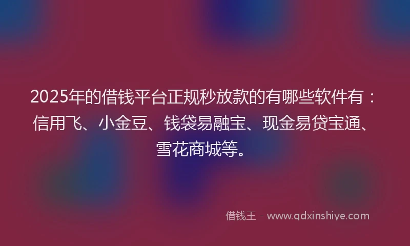 2025年的借钱平台正规秒放款的有哪些软件有：信用飞、小金豆、钱袋易融宝、现金易贷宝通、雪花商城等。