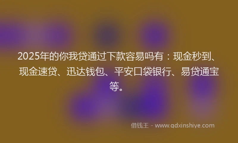 2025年的你我贷通过下款容易吗有：现金秒到、现金速贷、迅达钱包、平安口袋银行、易贷通宝等。