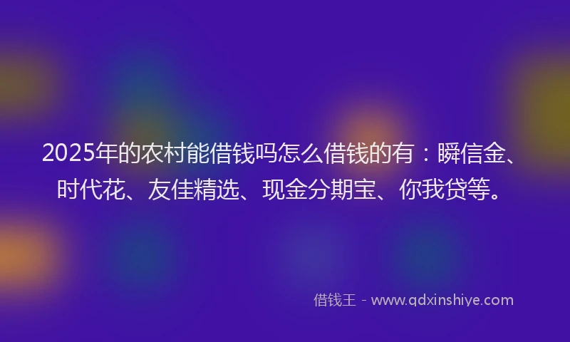 2025年的农村能借钱吗怎么借钱的有：瞬信金、时代花、友佳精选、现金分期宝、你我贷等。