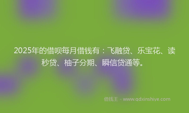 2025年的借呗每月借钱有：飞融贷、乐宝花、读秒贷、柚子分期、瞬信贷通等。