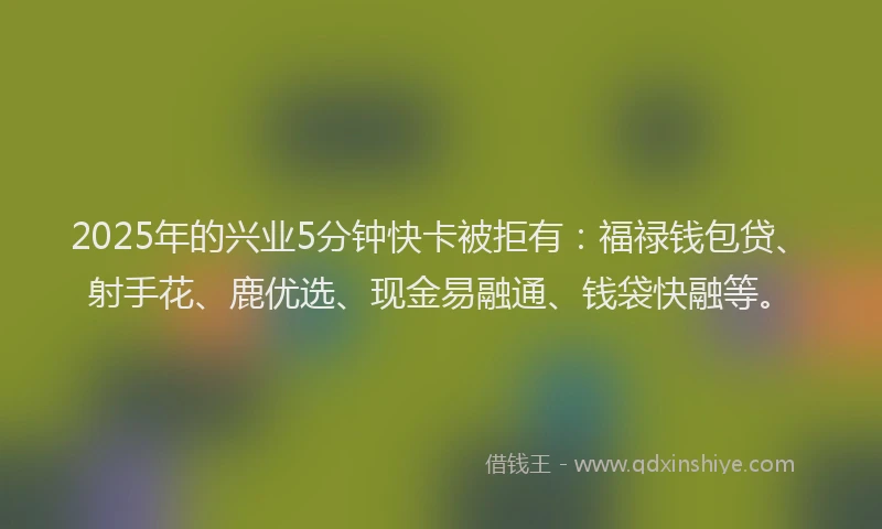 2025年的兴业5分钟快卡被拒有：福禄钱包贷、射手花、鹿优选、现金易融通、钱袋快融等。