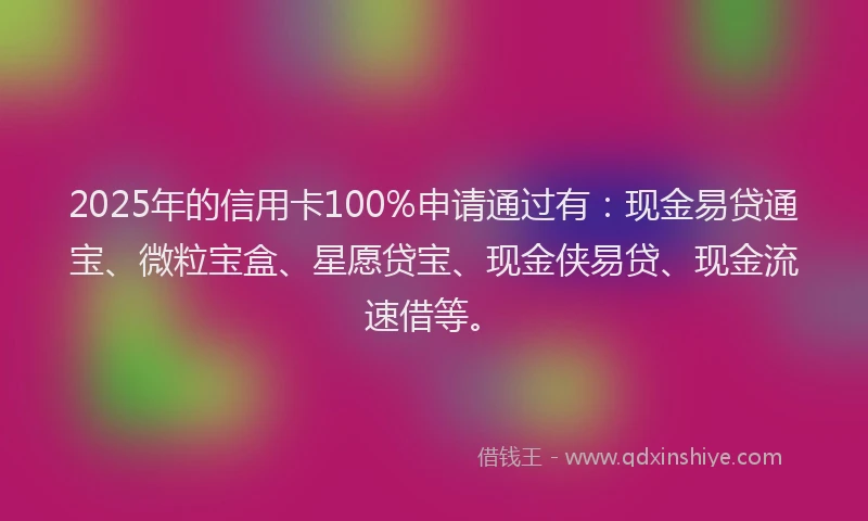 2025年的信用卡100%申请通过有：现金易贷通宝、微粒宝盒、星愿贷宝、现金侠易贷、现金流速借等。