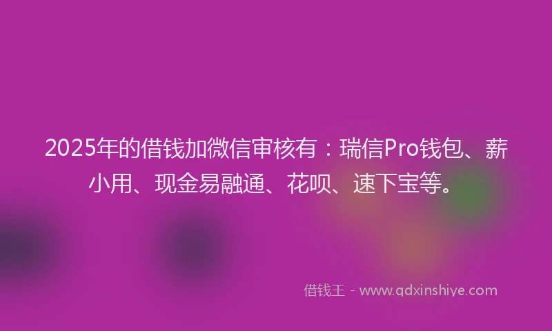 2025年的借钱加微信审核有：瑞信Pro钱包、薪小用、现金易融通、花呗、速下宝等。