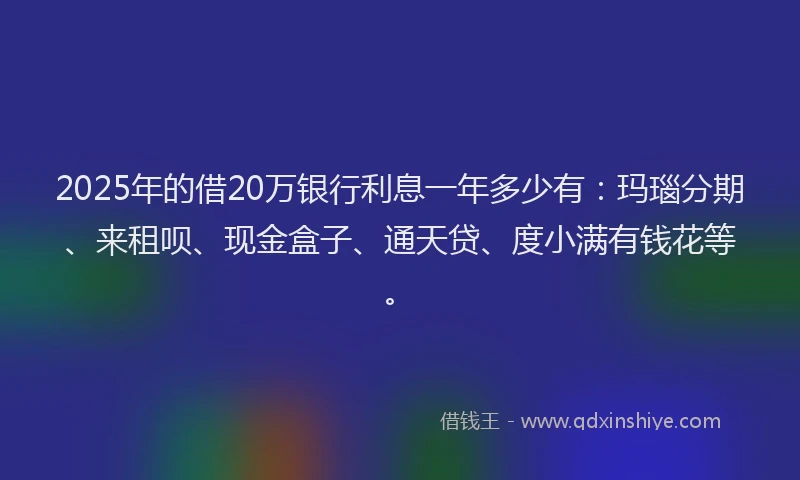 2025年的借20万银行利息一年多少有：玛瑙分期、来租呗、现金盒子、通天贷、度小满有钱花等。