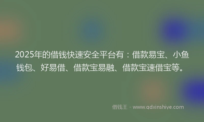 2025年的借钱快速安全平台有：借款易宝、小鱼钱包、好易借、借款宝易融、借款宝速借宝等。