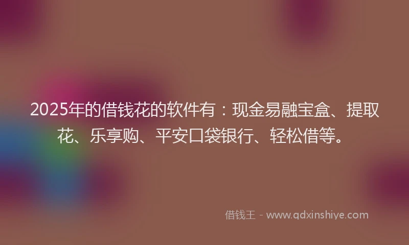 2025年的借钱花的软件有：现金易融宝盒、提取花、乐享购、平安口袋银行、轻松借等。