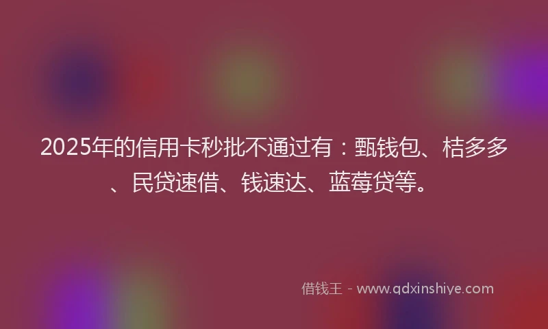 2025年的信用卡秒批不通过有：甄钱包、桔多多、民贷速借、钱速达、蓝莓贷等。