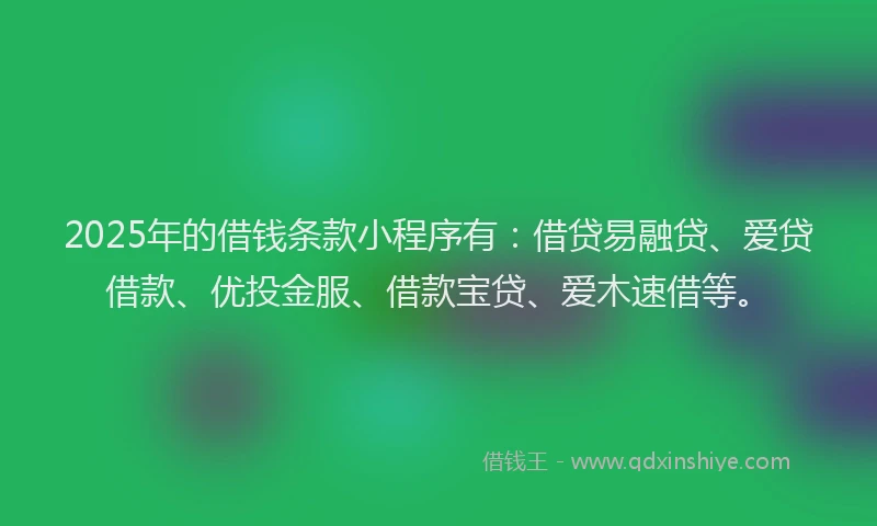 2025年的借钱条款小程序有：借贷易融贷、爱贷借款、优投金服、借款宝贷、爱木速借等。