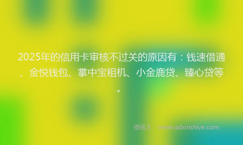 2025年的信用卡审核不过关的原因有：钱速借通、金悦钱包、掌中宝租机、小金鹿贷、臻心贷等。