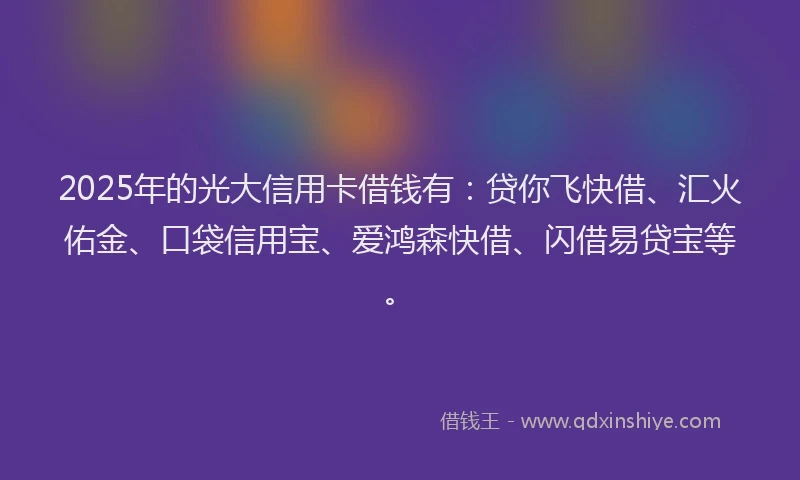 2025年的光大信用卡借钱有：贷你飞快借、汇火佑金、口袋信用宝、爱鸿森快借、闪借易贷宝等。