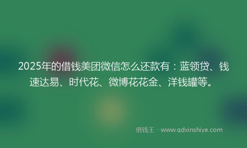 2025年的借钱美团微信怎么还款有：蓝领贷、钱速达易、时代花、微博花花金、洋钱罐等。