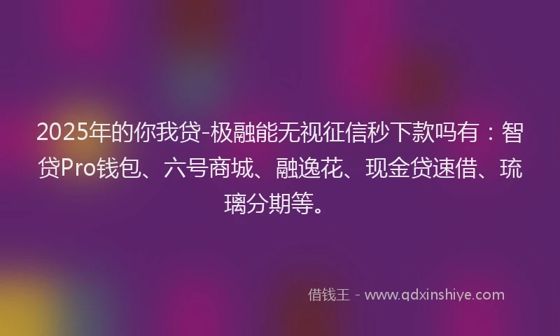 2025年的你我贷-极融能无视征信秒下款吗有：智贷Pro钱包、六号商城、融逸花、现金贷速借、琉璃分期等。