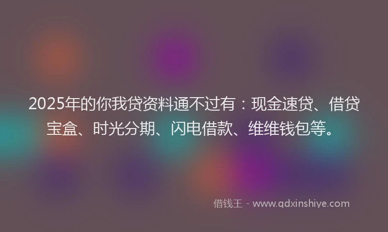 2025年的你我贷资料通不过有：现金速贷、借贷宝盒、时光分期、闪电借款、维维钱包等。