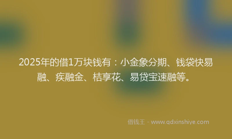 2025年的借1万块钱有：小金象分期、钱袋快易融、疾融金、桔享花、易贷宝速融等。