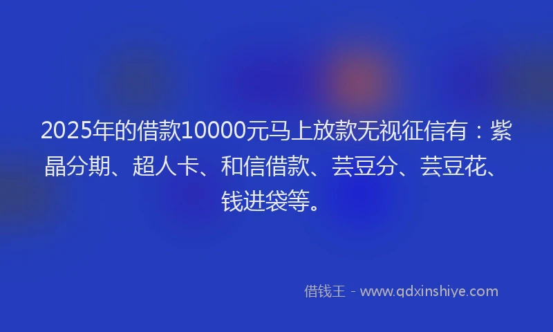 2025年的借款10000元马上放款无视征信有：紫晶分期、超人卡、和信借款、芸豆分、芸豆花、钱进袋等。