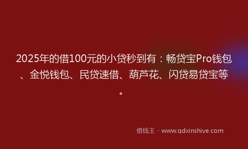 2025年的借100元的小贷秒到有：畅贷宝Pro钱包、金悦钱包、民贷速借、葫芦花、闪贷易贷宝等。