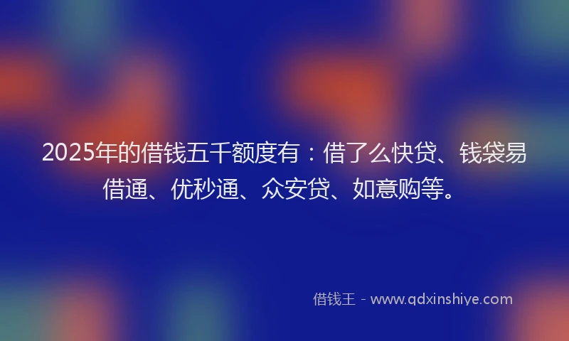 2025年的借钱五千额度有：借了么快贷、钱袋易借通、优秒通、众安贷、如意购等。