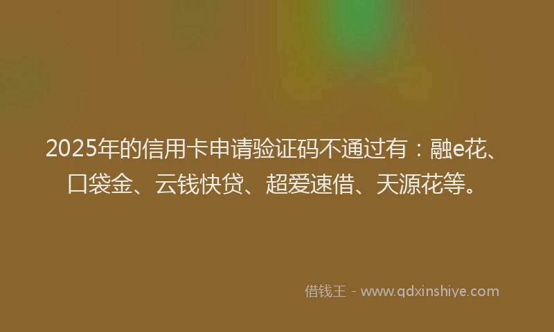 2025年的信用卡申请验证码不通过有：融e花、口袋金、云钱快贷、超爱速借、天源花等。