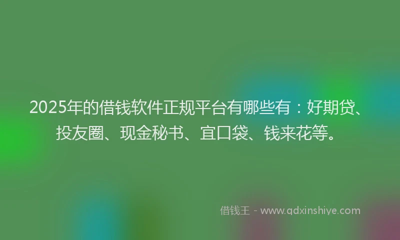 2025年的借钱软件正规平台有哪些有：好期贷、投友圈、现金秘书、宜口袋、钱来花等。